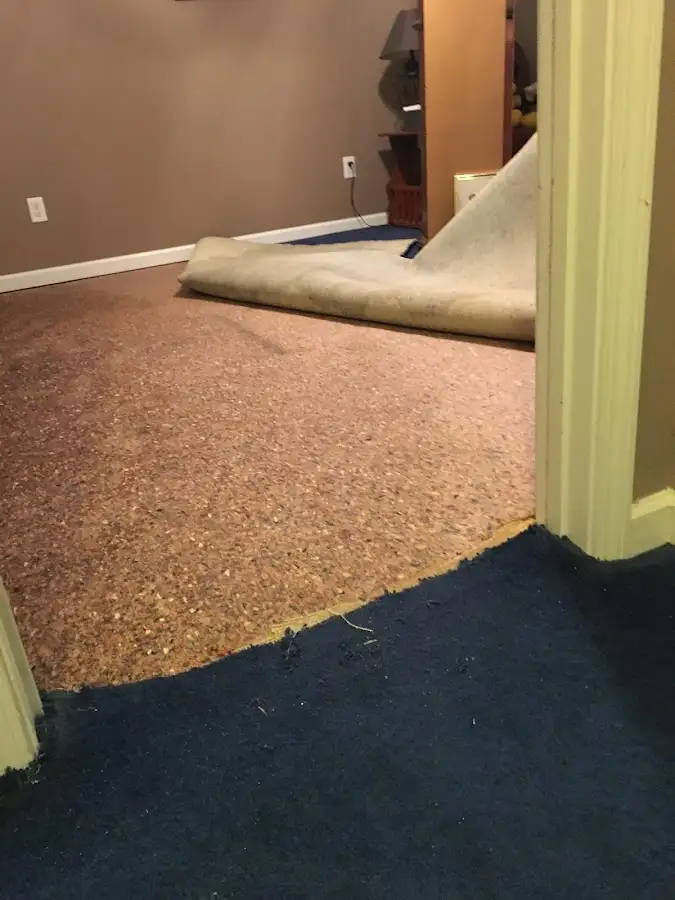 Carpet pad removal revealing water damage during Water Mitigation Services in Silverton